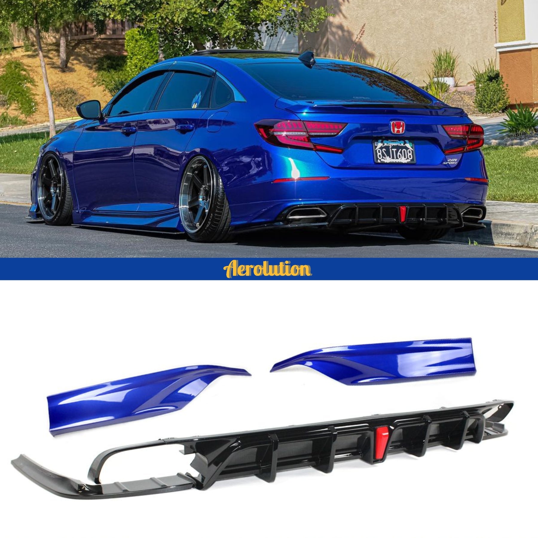 Yofer Rear Bumper Diffuser + Side Spoiler Kit For 2018-2022 Honda Accord - Gloss Black ABS
