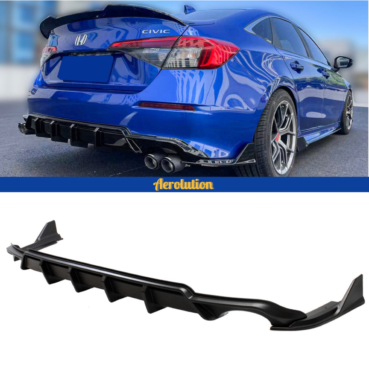 Yofer V2 Rear Diffuser With LED 3rd Brake Light & Corner Spats For 2022-2025 Honda Civic Sedan - Aegean Blue