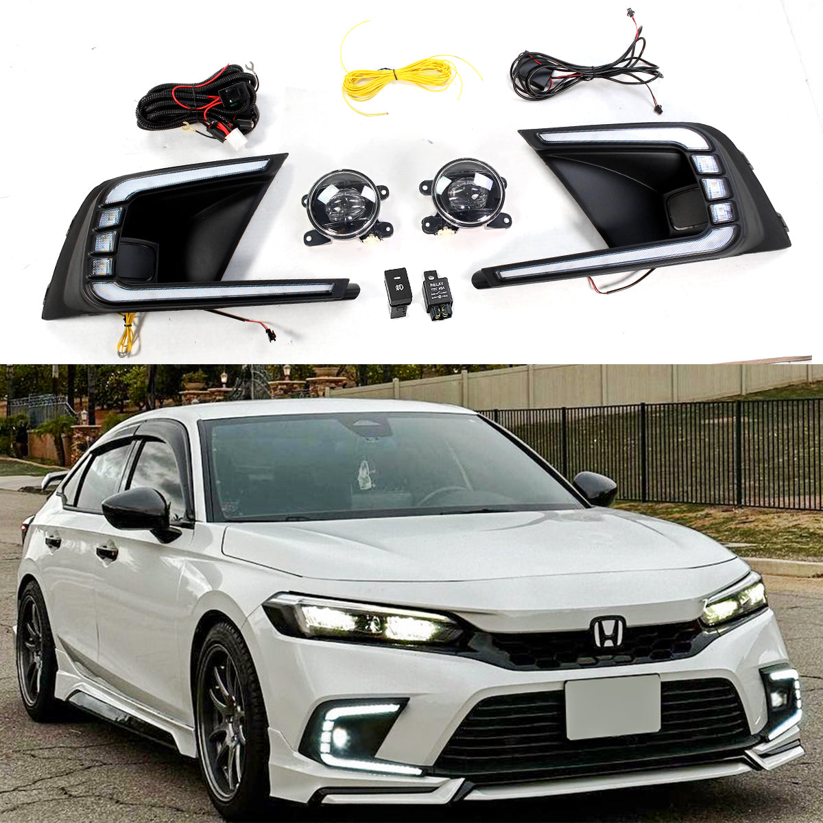 Dreamseek LED DRL Fog Lights For 2022+ Honda Civic - Sequential Turn Signal - White/Blue/Amber