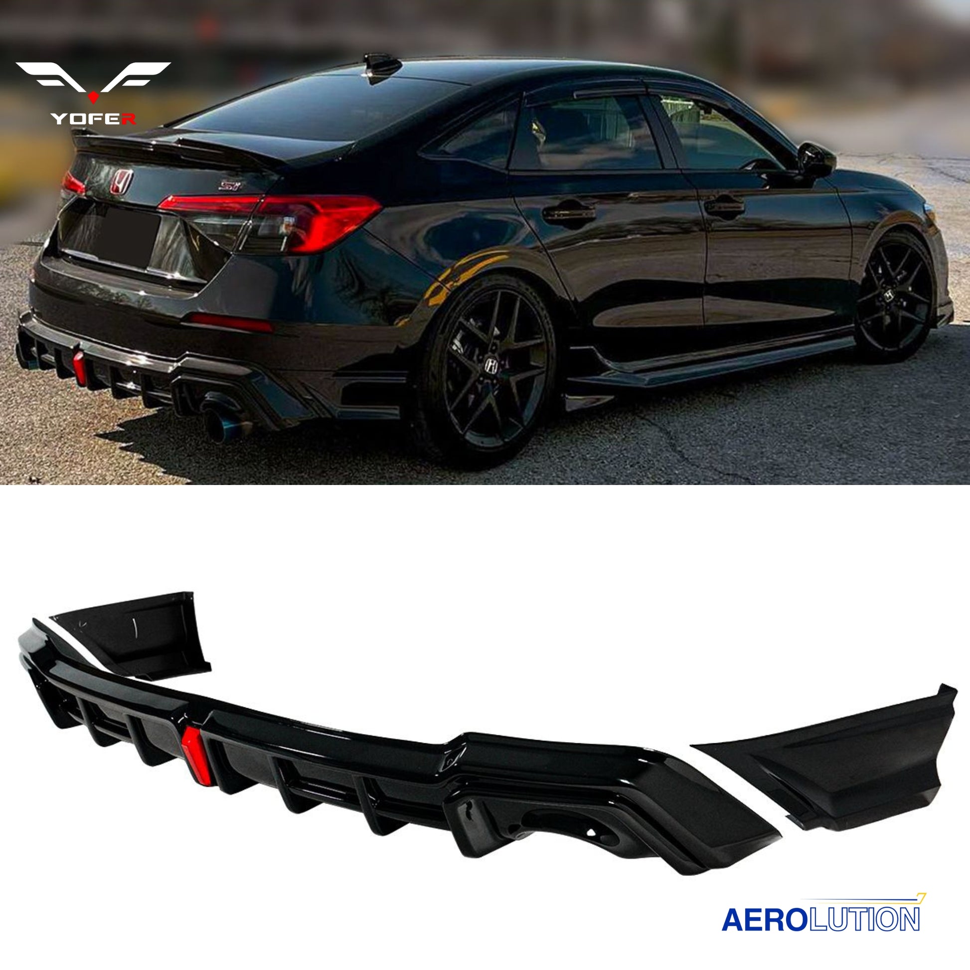 WheelX MC Style Glossy Black Rear Diffuser With LED Brake Light For 2022-2025 Honda Civic Sedan